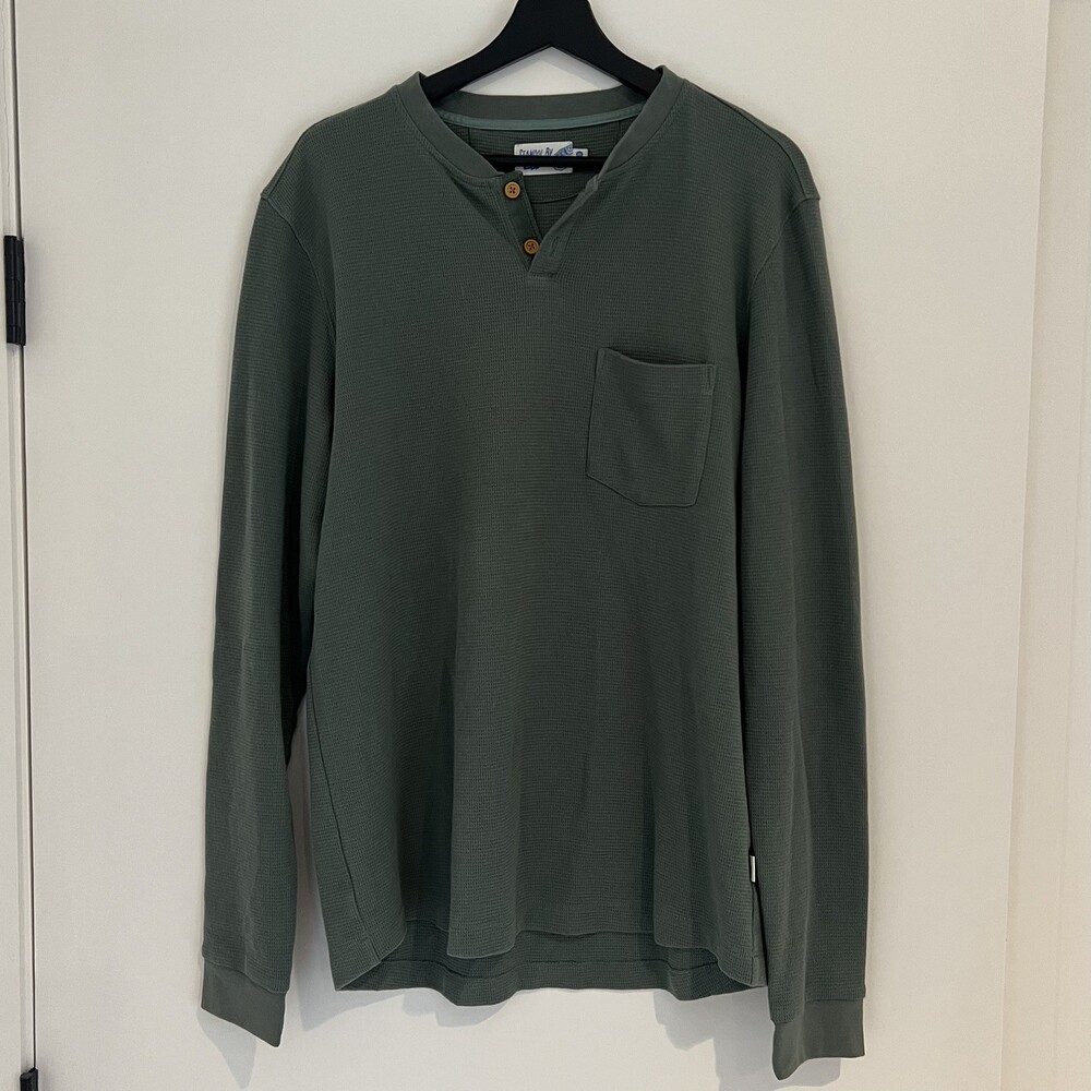 Wellen Men Brosnan Seawool XL Long Sleeve Waffle Henley Shirt Green Coastal EUC - Picture 2 of 8